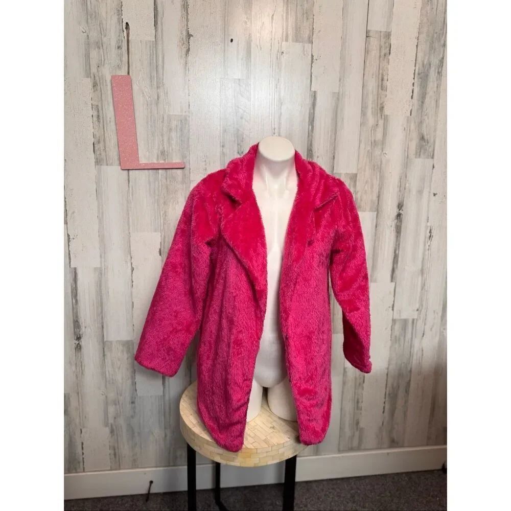AIXIRUI Pink Faux Fur Coat Jacket Size Large Plush Hook Closure Statement